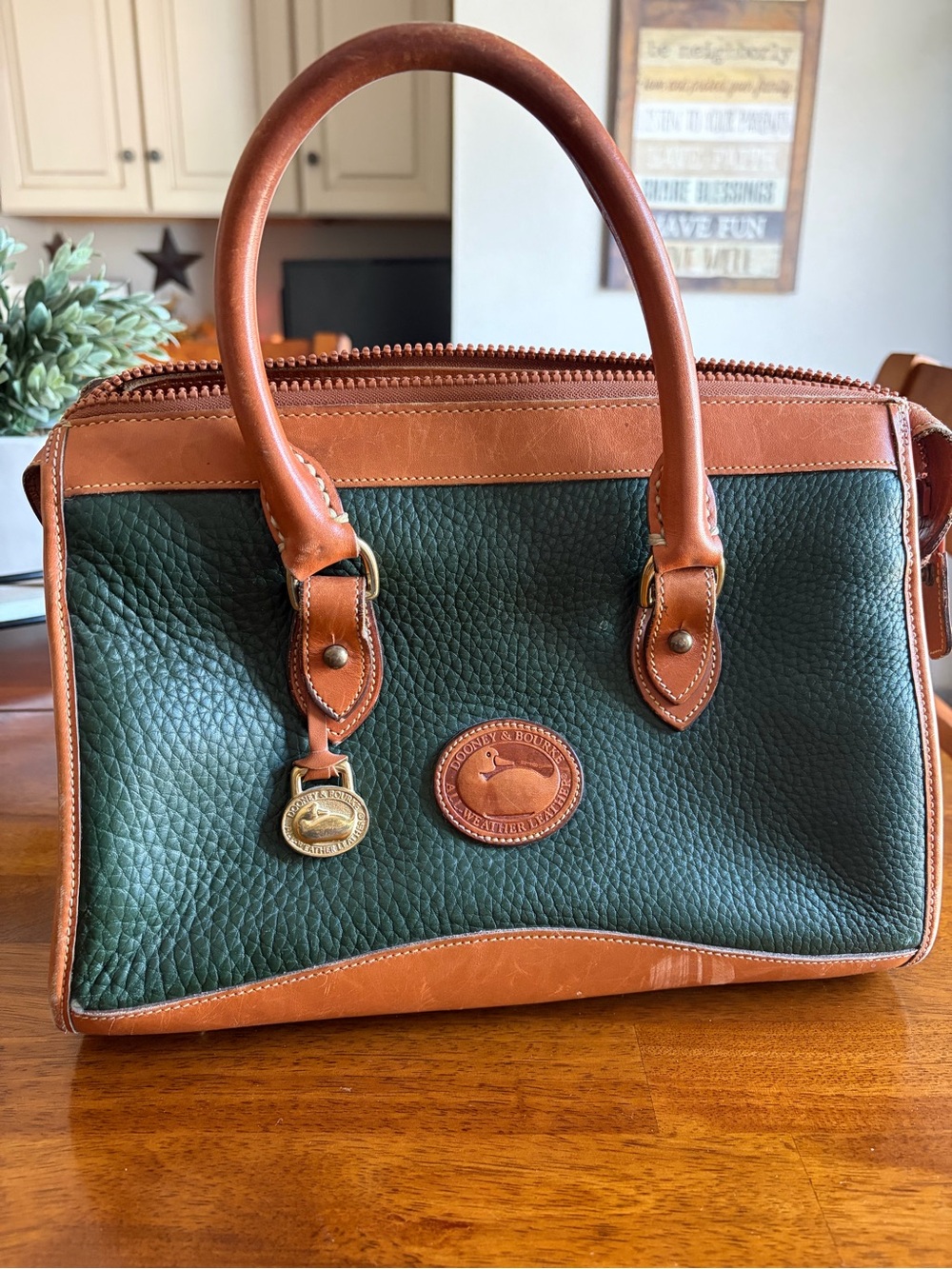 Dooney & Bourke Dark Green Pebbled Leather Satchel with Brown Trim